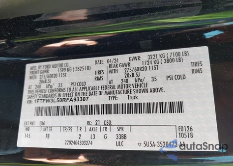 2024 Ford F-150 Xlt z USA, uszkodzony, nr VIN 1FTFW3L50RFA93307